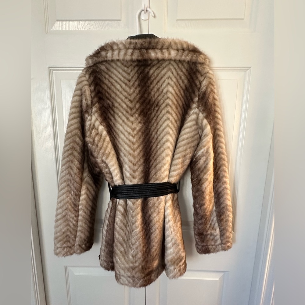 Guess Faux Fur Belted Jacket - Brown and Black - Picture 9 of 12
